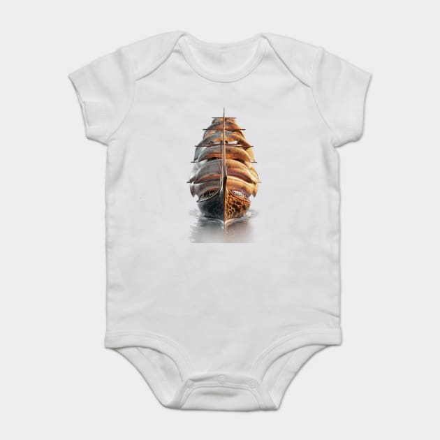 A Large Sailing Ship with Multiple Sails, Beautifully Reflecting on the Water’s Surface Baby Bodysuit by animegirlnft